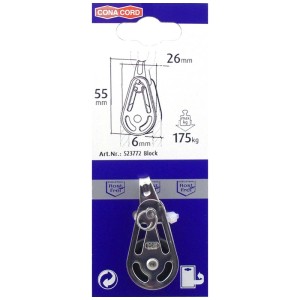 Mini-Block mit Bügel aus Edelstahl, Tragkraft 175 kg, für Seile bis 6 mm Durchmesser.