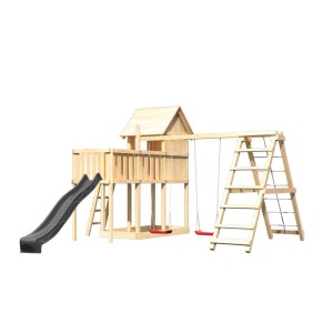 Karibu Spielhaus Frieda mit Rutsche, Schaukel und Klettergerüst aus Holz in Natur und Anthrazit.