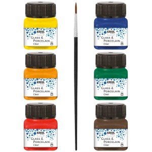 Kreul Glas- und Porzellanfarben Set Clear mit 6 Farben und Pinsel.