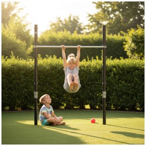Bambina si esercita alla sbarra ginnastica Exit Toys Ivy verde e nera. Sport e fitness per bambini.
