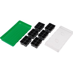 Serre d'intérieur OBI avec 36 godets, plateau vert, pots noirs, couvercle transparent.