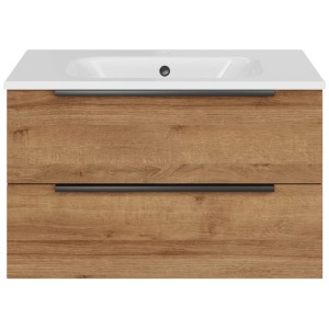 Meuble sous-vasque Pelipal Quantum 07, Chêne Riviera, largeur 60 cm, avec 2 tiroirs et poignées noires.