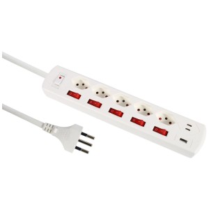 Multiprise blanche Schönenberger avec 5 prises T13, ports USB et interrupteur rouge.