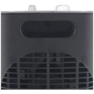 Dettaglio: Termoventilatore Emerio nero con maniglia e griglia di ventilazione.