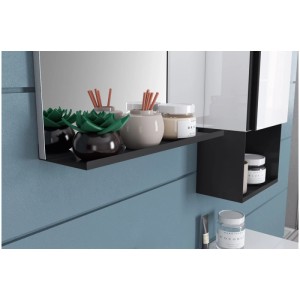 Étagère noire mate en fer pour miroir dans salle de bain avec déco.