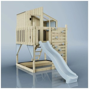 Cabane sur pilotis OutdoorToys Komet en bois avec toboggan bleu glacier et mur d'escalade.