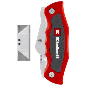Coltello multiuso 2 in 1 Einhell con manico rosso e caricatore di lame trapezoidali.