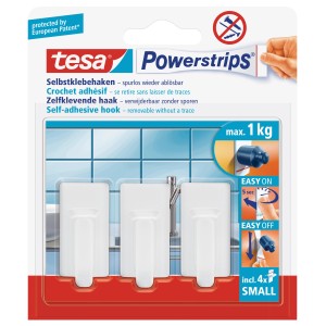 tesa crochets adhésifs, lot de 3, blancs, arrondis, avec Powerstrips, supporte jusqu'à 1 kg.