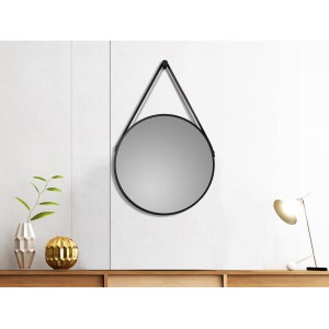 Specchio da parete rotondo, DSK Design, Ø 50 cm, nero opaco, con cinturino in pelle per appenderlo.
