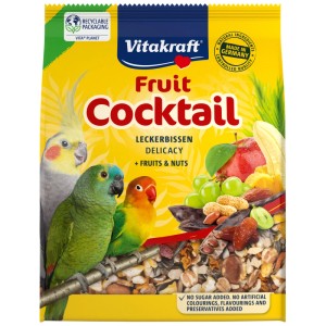 Vitakraft Fruit Cocktail per uccelli: mix frutta e noci, alimento complementare per parrocchetti e pappagalli.