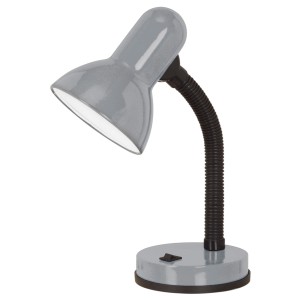 Lampada da scrivania Eglo argentata con braccio flessibile e attacco E27 per ufficio e studio.