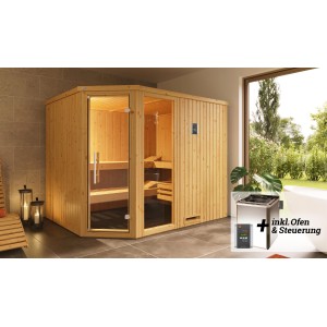 Sauna angolare Weka Element Varberg 4 set risparmio con porta in vetro, finestra e stufa.