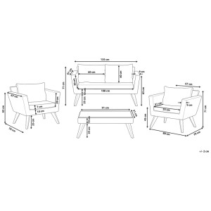 Schéma de l'ensemble de salon de jardin Beliani Vittoria 3 pièces avec dimensions. Mobilier de jardin en polyrotin couleur naturelle.