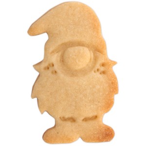 Goldbrauner Wichtel-Keks mit detailreicher Prägung von Hut, Nase und Bart. Perfekt für weihnachtliche Backideen.