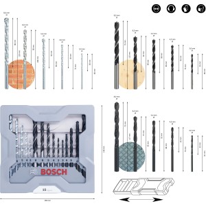 Set di punte Bosch, 15 pezzi: punte per metallo, legno e pietra da 3-8 mm in valigetta.