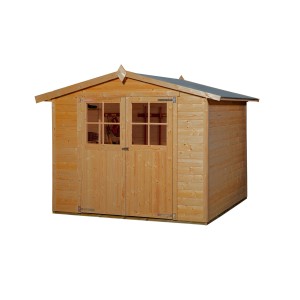 Abri de jardin en bois lasuré Weka Parma avec toit à deux pentes, 254x318 cm. Abri de jardin avec double porte et fenêtres.