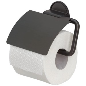 Porte-papier toilette Tiger Tune avec couvercle, métal noir brossé, avec rouleau de papier toilette.