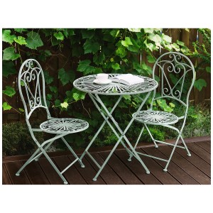 Set bistro Trento in metallo verde chiaro per balcone/giardino: tavolo e due sedie.