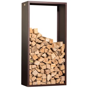 Nouvel Nova étagère à bois de chauffage en acier couleur rouille remplie de bois.