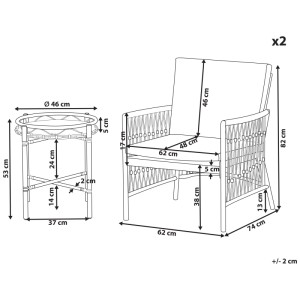 Set bistro Beliani Levico, 3 pezzi, con dimensioni di sedia e tavolo come disegno schematico.