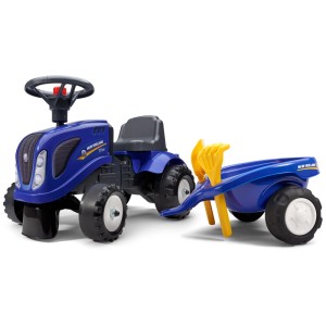 Falk New Holland cavalcabile blu con rimorchio, inclusi pala e rastrello.