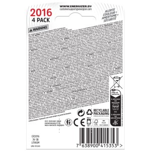 Energizer CR2016 pila a bottone al litio, 3V, confezione da 4, retro della confezione.