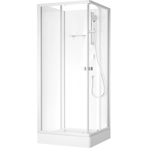 Cabine de douche complète baliv DUK-85.110KE, 85x85 cm, argent mat, avec receveur, douchette et robinetterie.