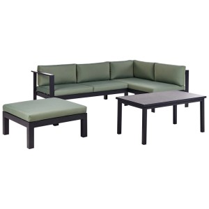 Ensemble de salon de jardin d'angle Beliani Messina, aluminium noir/vert avec table et pouf.
