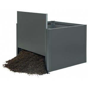 Aiuola rialzata in metallo Biohort, grigio scuro metallizzato, con lato aperto e terra davanti.
