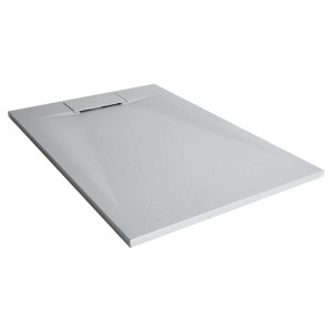 Receveur de douche plat gris en plastique SMC effet pierre, surface texturée et bonde latérale. 80x120 cm.