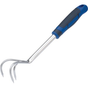 Zappetta manuale LUX Comfort con tre denti e manico blu-grigio per smuovere il terreno.