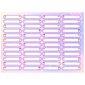 Étiquettes pour crayons Princesse, autocollantes, avec cadre violet et motifs variés pour filles.