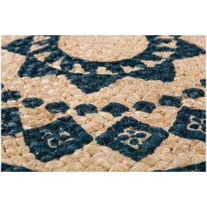 Runder Juteteppich Malo (Ø 80 cm) mit blauem Ornamentmuster, Detailansicht.