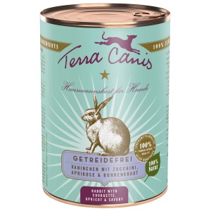 Terra Canis cibo umido per cani senza cereali coniglio, lattina da 400g con motivo coniglio.