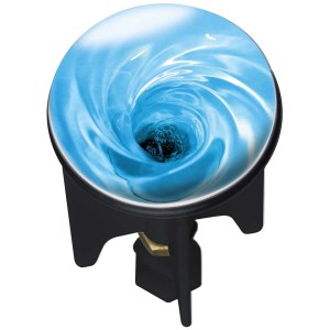 Tappo lavandino Pluggy Water con design a vortice d'acqua blu per scarichi standard.