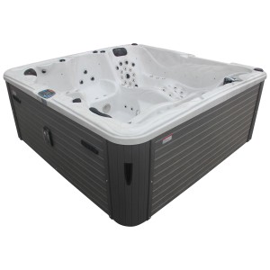 Spa extérieur blanc Sonnenkönig Aruba, bain à remous fixe avec extérieur gris.