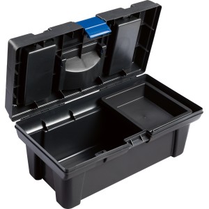 Boîte à outils LUX noire ouverte (41 cm) avec organiseur dans le couvercle et plateau amovible.