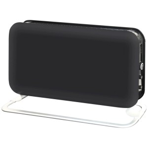 Elegante stufa elettrica portatile Mill WiFi nera 1200W su base bianca. Moderno riscaldatore elettrico.