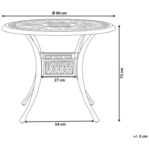 Schizzo: Tavolo da giardino nero Beliani Ancona in alluminio, Ø 90 cm, con dimensioni.