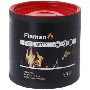 Flaman Sacchetti accendifuoco Fire Starter, 50 pezzi, in contenitore nero con coperchio rosso.
