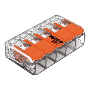 Wago borne à levier, 25 pièces, boîtier transparent avec leviers orange pour une connexion facile des câbles.