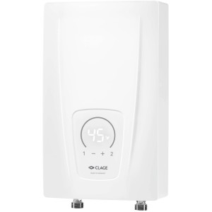 Chauffe-eau instantané compact Clage CEX 11/13,5 kW blanc avec affichage numérique.