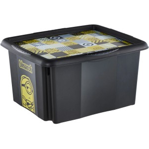 Boîte de rangement noire Keeeper Karolina Minions, 24 l, avec couvercle et motif Minions.