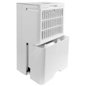 Déshumidificateur Kibernetik M12 blanc avec réservoir d'eau tiré et filtre à air visible.