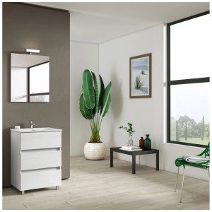 Ensemble de meubles de salle de bain Kora frêne blanc avec meuble sous-vasque, lavabo et miroir avec lampe LED.