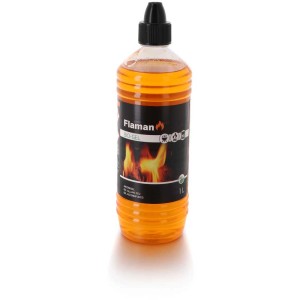 Flaman Bio Gel Accendifuoco, bottiglia da 1 litro, color arancio, per un'accensione rapida e sostenibile.