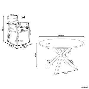 Disegno tecnico del set mobili da giardino Beliani Maletto/Busseto. Mostra tavolo rotondo e 4 sedie con misure.