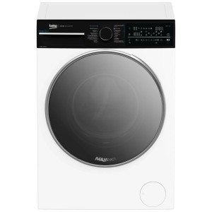 Lave-linge frontal Beko WM720 blanc avec porte sombre, panneau de commande, capacité 9 kg, 1400 tr/min.
