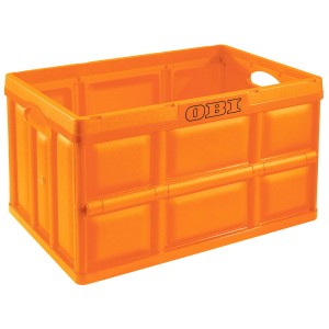 Boîte pliante orange OBI de 46 l, idéale pour un rangement peu encombrant.
