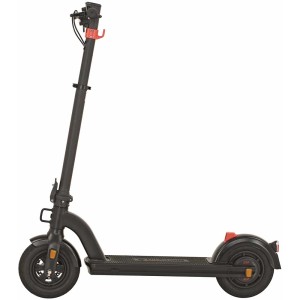 Schwarzer Prophete E-Scooter Urbanicer 10 mit Luftreifen und LED-Beleuchtung.